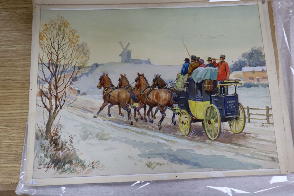Savile Lumley (20th century), a set of four Victorian winter coaching scenes, 25.25 x 34.5cm